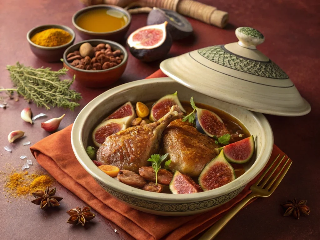  A Moroccan duck tagine with dried fruits, almonds, and saffron sauce, served with couscous.