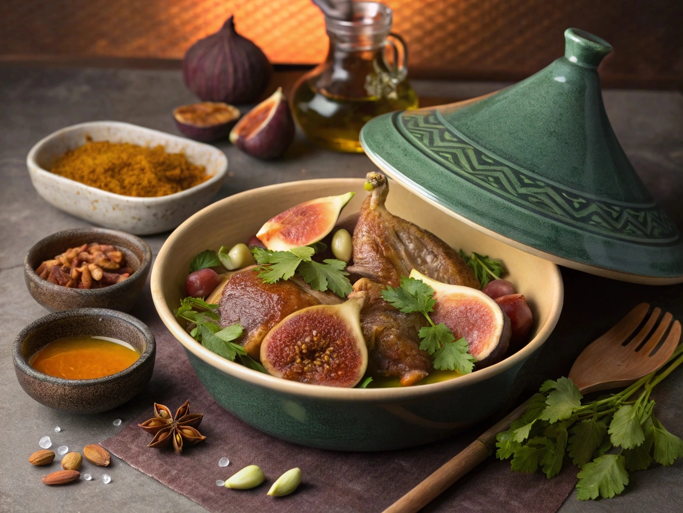 Moroccan duck tagine served with dried figs, almonds, and honey.