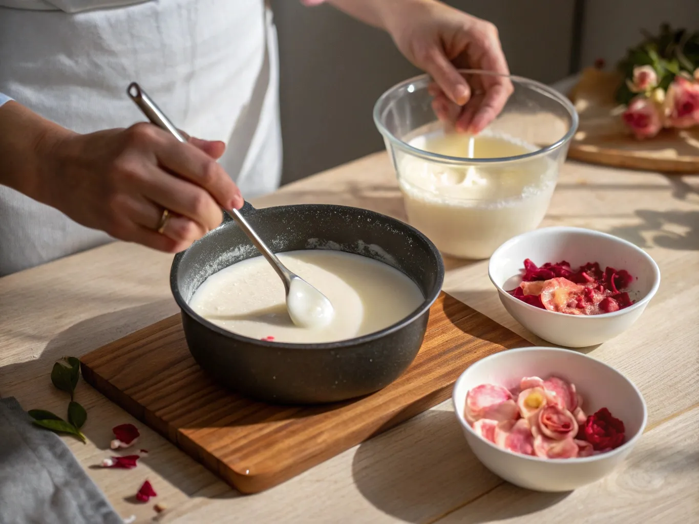 Almond & Rosewater Panna Cotta: A Perfectly Elegant Treat 5 Step-by-step process of making Almond & Rosewater Panna Cotta, with gelatin blooming and cream heating in a saucepan.