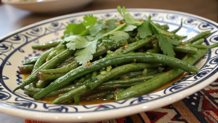 The Best Chicken Tagine with Saffron and Green Beans Recipe for a Cozy Dinner 8 glazed green beans garnished with fresh celintro o www.moroccaneats.com