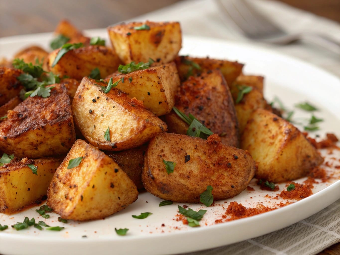 Moroccan spiced potato salad, beautifully served with fresh herbs and lemon wedges.