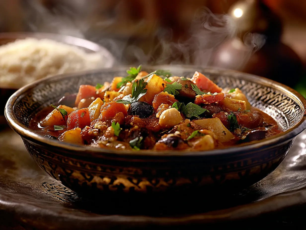 Easy Moroccan-Style Ratatouille Recipe: A Spiced Vegetable Delight 2 Moroccan-style ratatouille served in a traditional tagine with fresh herbs.