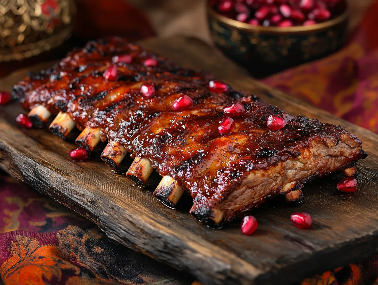 Moroccan-style BBQ ribs with spices, grilled to perfection, garnished with cilantro and pomegranate seeds.