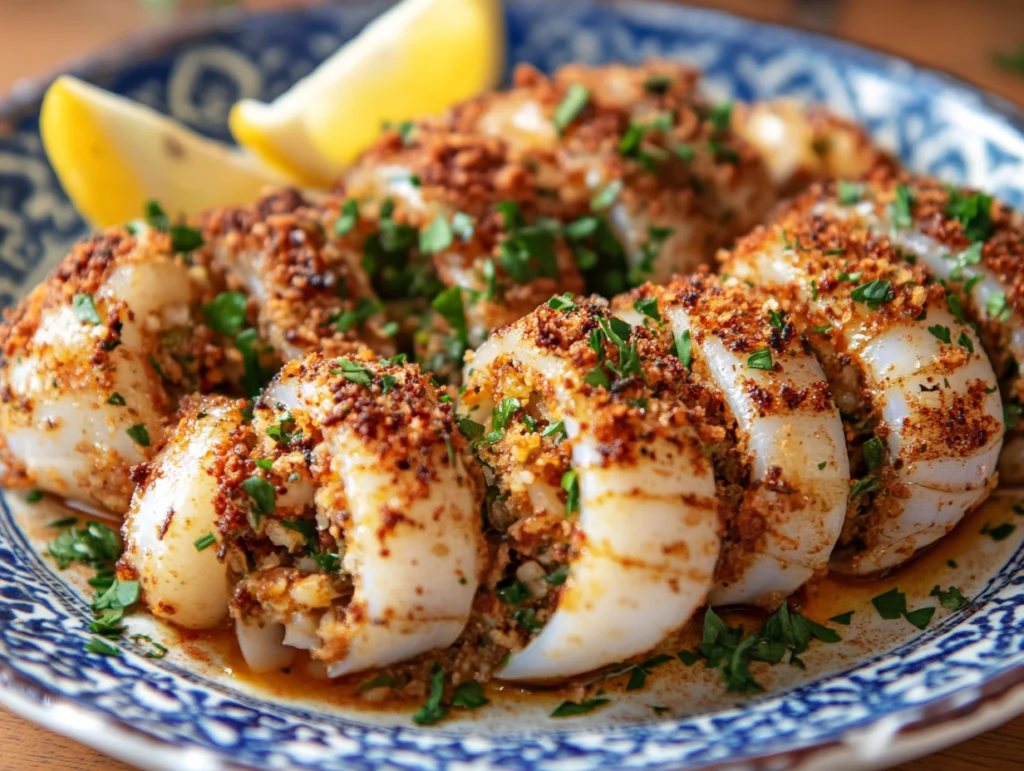 Moroccan Stuffed Calamari: A Heavenly Seafood Dish 2 Stuffed Moroccan calamari served on a traditional ceramic plate, garnished with lemon wedges and fresh parsley.