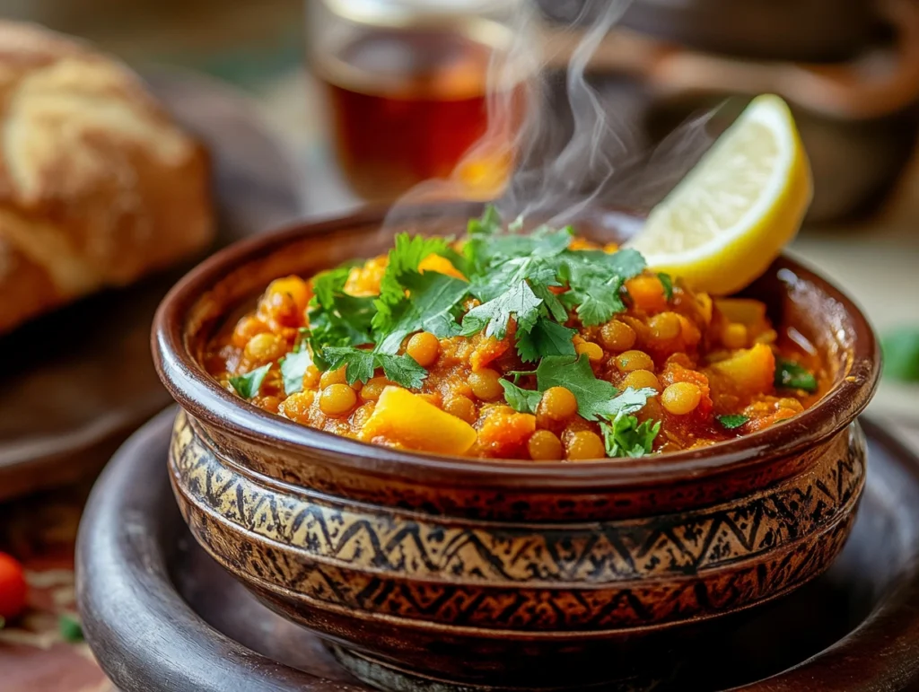Moroccan Tomato and Lentil Curry: A Hearty, Cozy Meal 7 A bowl of Moroccan Tomato and Lentil Curry garnished with cilantro and lemon.