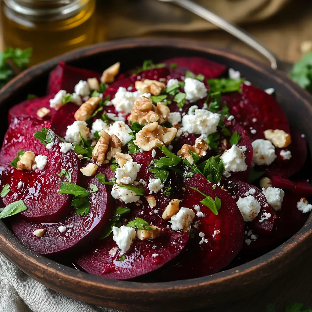 Moroccan Beetroot salad with goat feta Cheese and argan oil 4 Close-up of a beetroot salad with goat feta, argan oil, and fresh herbs in a Moroccan-style bowl.