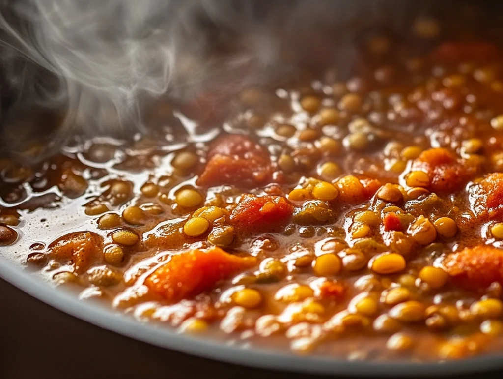 Moroccan Tomato and Lentil Curry: A Hearty, Cozy Meal 4 Moroccan Tomato and Lentil Curry simmering in a pot.