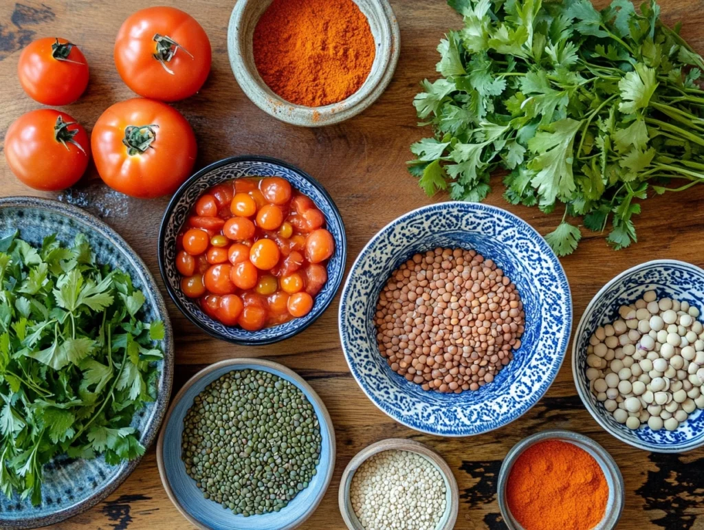 Moroccan Tomato and Lentil Curry: A Hearty, Cozy Meal 3 Fresh ingredients for Moroccan Tomato and Lentil Curry on a wooden table.