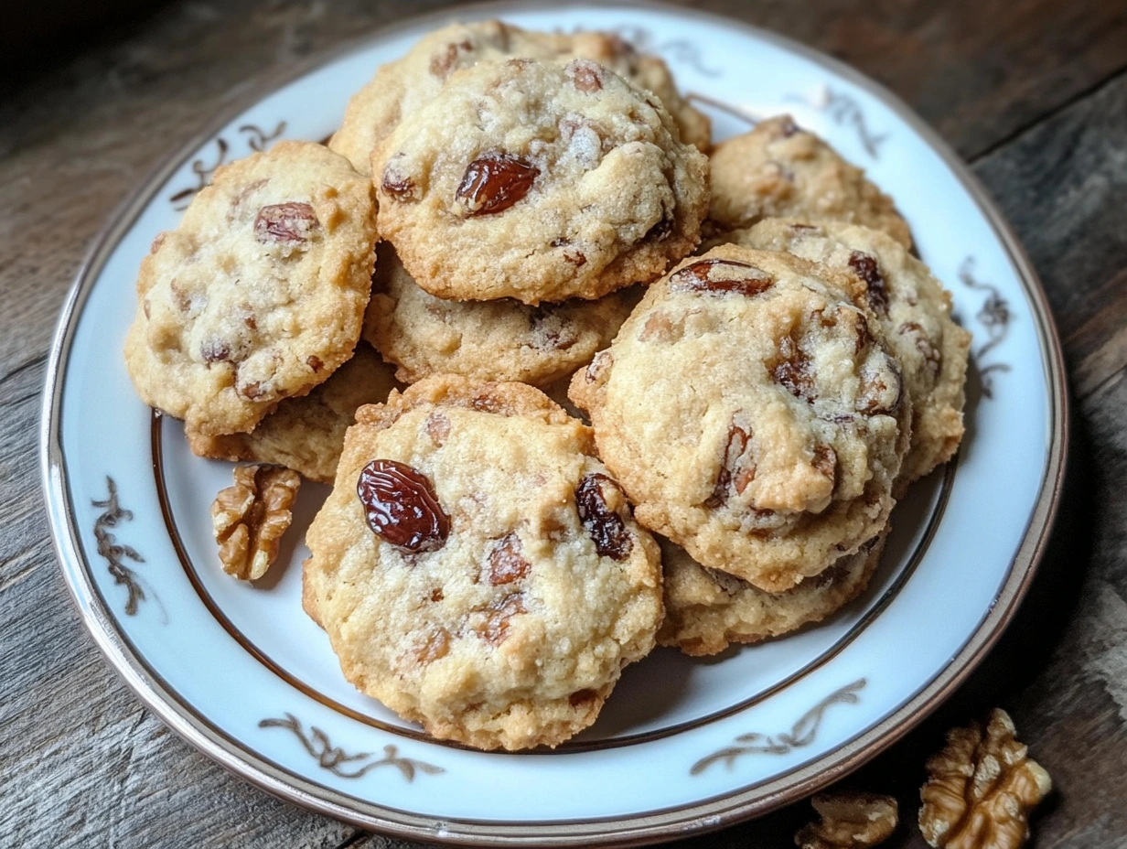 A plate of warm, freshly baked date and walnut cookies served with a cup of tea, creating a cozy and inviting atmosphere.