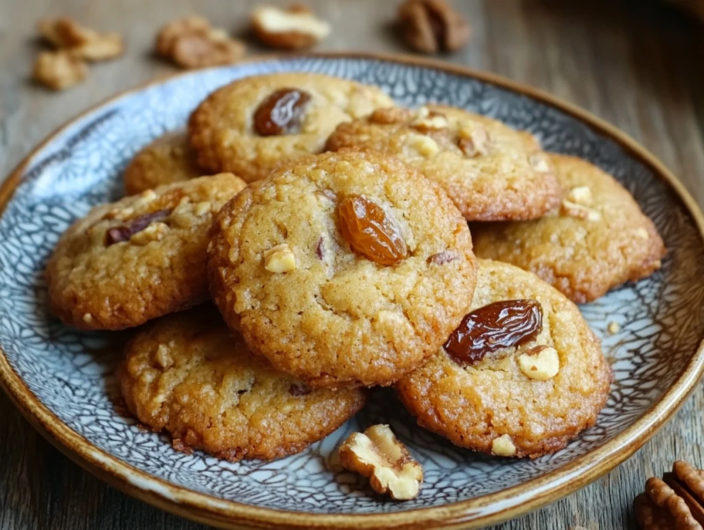 Irresistible Date and Walnut Cookies Recipe: A Classic with a Nutty Twist 2 A plate of homemade date and walnut cookies on a wooden table, showcasing the chunky texture of dates and walnuts.