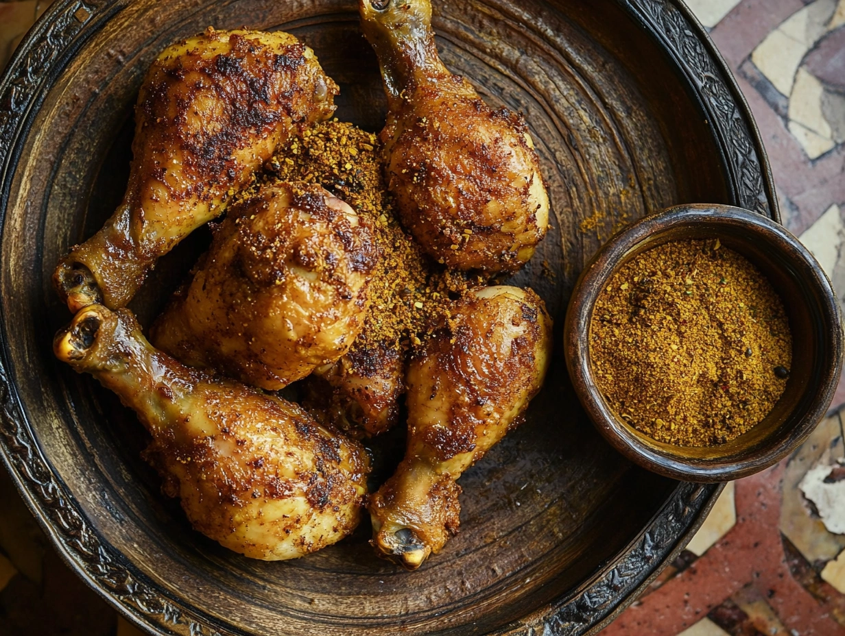 A vibrant bowl of Ras el Hanout spice blend with a few scattered ingredients like cumin seeds, paprika, and cinnamon sticks. The spices should be presented in a rustic, Moroccan-style dish with wooden spoons and a warm, earthy background to evoke the rich cultural heritage of Morocco.