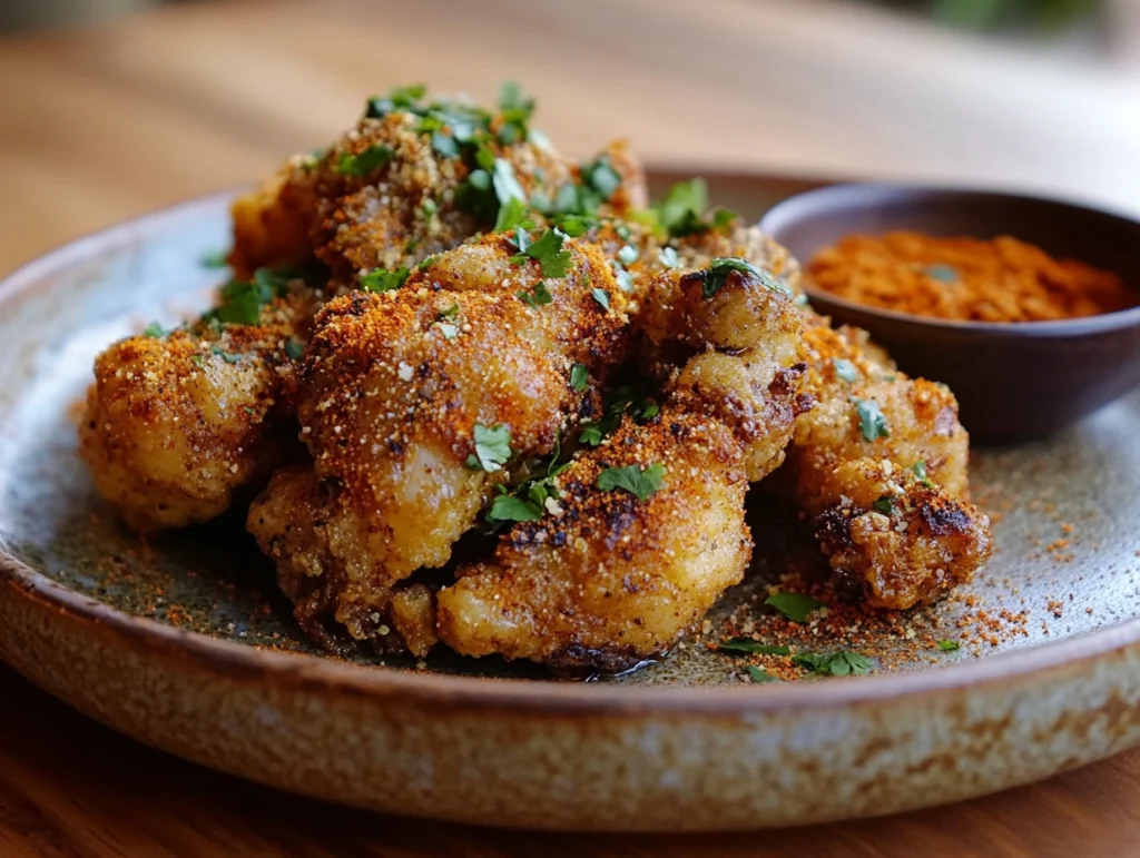 Ras el Hanout Fried Chicken: The Secret to Crispy, Flavorful Chicken 4 u1416823846 A plate of golden brown fried chicken coated in a 31e1ddff 71b6 480d 8858 fd2a354da52b 3 ezgif.com jpg to webp converter www.moroccaneats.com
