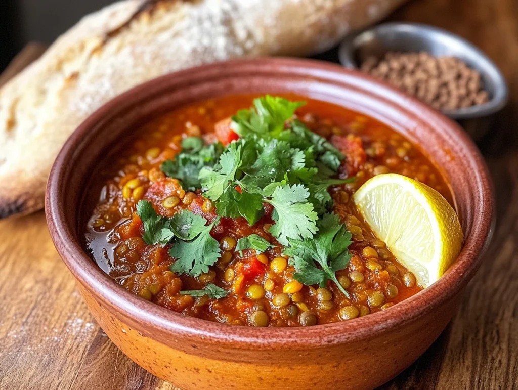 Moroccan Tomato and Lentil Curry: A Hearty, Cozy Meal 2 A bowl of Moroccan Tomato and Lentil Curry with fresh herbs and lemon.
