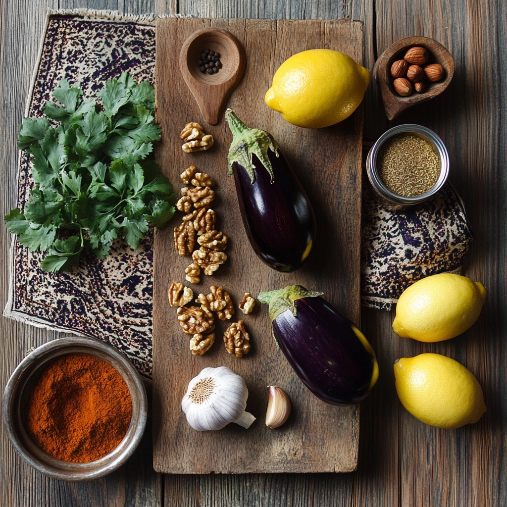 Moroccan Eggplant and Walnut Dip: A Nutty, Rich Delight! 3 Fresh ingredients for Moroccan Eggplant and Walnut Dip, including roasted eggplants, walnuts, and spices.