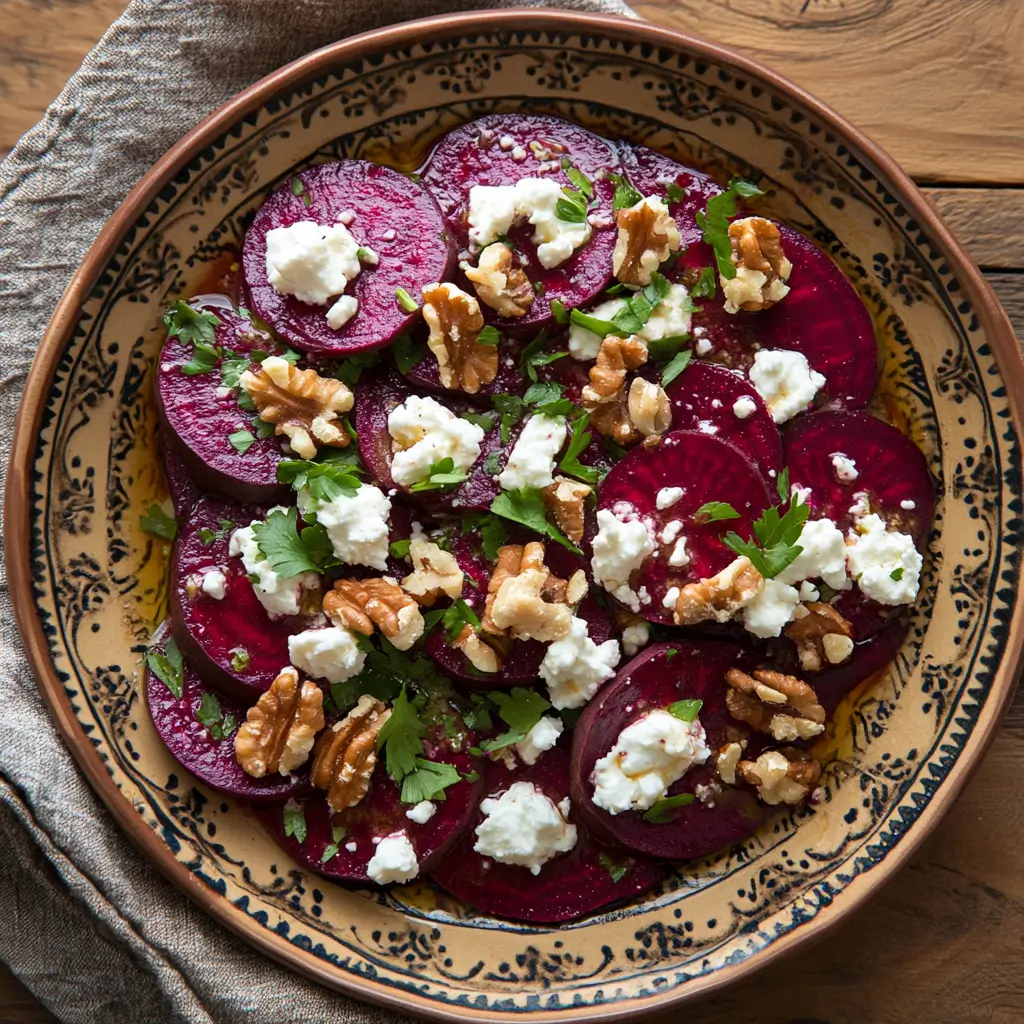 A colorful beetroot salad with goat feta, argan oil, and fresh herbs served on a Moroccan ceramic plate.