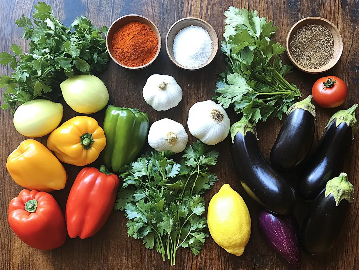 Easy Moroccan-Style Ratatouille Recipe: A Spiced Vegetable Delight 5 A selection of fresh ingredients for Moroccan-style ratatouille, including eggplants, zucchinis, bell peppers, tomatoes, and spices, displayed on a rustic wooden surface.