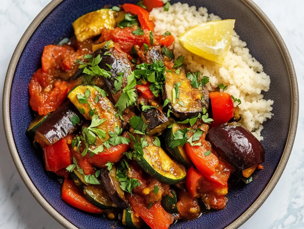 Easy Moroccan-Style Ratatouille Recipe: A Spiced Vegetable Delight 7 A beautifully cooked Moroccan-Style Ratatouille in a tagine, garnished with fresh herbs.