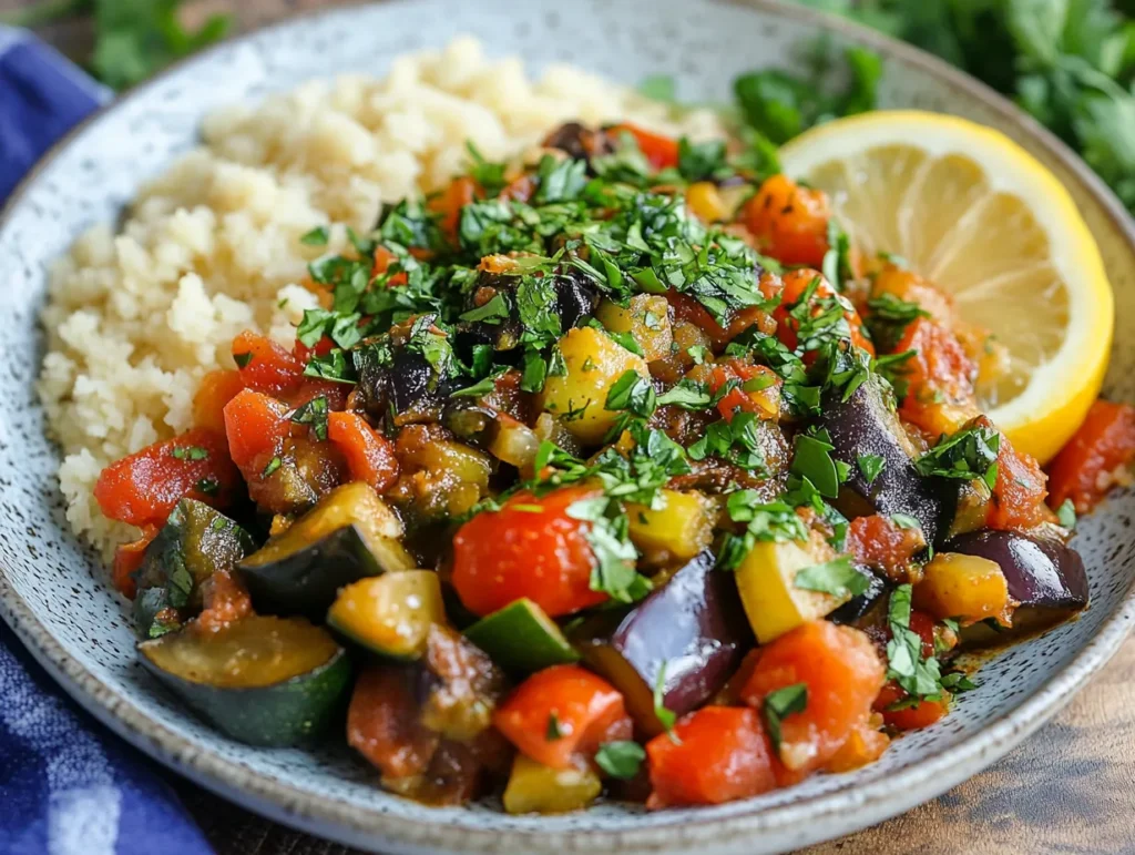 Easy Moroccan-Style Ratatouille Recipe: A Spiced Vegetable Delight 4 u1416823846 A vibrant plate of Moroccan style ratatouille fea 8b88a1e4 93a9 4d93 a9d7 f93e801ee18d 2 www.moroccaneats.com