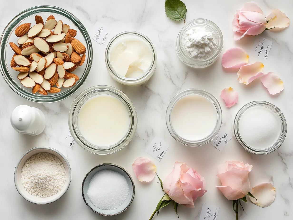 Almond & Rosewater Panna Cotta: A Perfectly Elegant Treat 4 Ingredients for making Almond & Rosewater Panna Cotta, including heavy cream, almond extract, rosewater, and more.