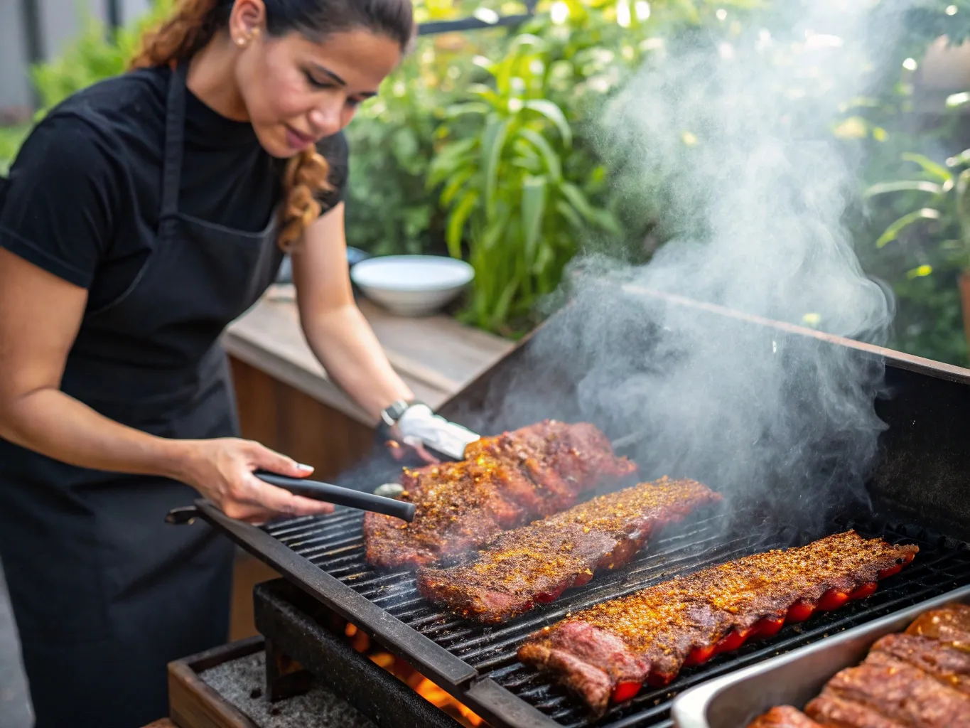 Slow-Cooked Moroccan-Style BBQ Ribs: Juicy, Tender, and Spiced Right 5 Moroccan chef grilling BBQ ribs outdoors over charcoal.