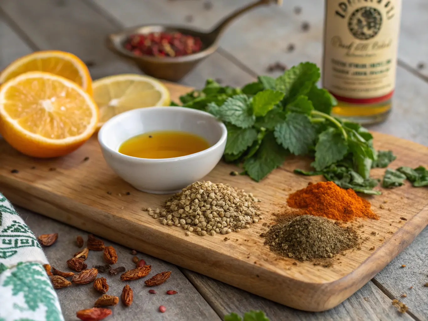 Moroccan Beet & Carrot Salad: A Healing Detox Feast 5 A rustic display of Moroccan ingredients, including cumin, coriander, fresh mint, argan oil, oranges, and paprika, arranged on a wooden board.