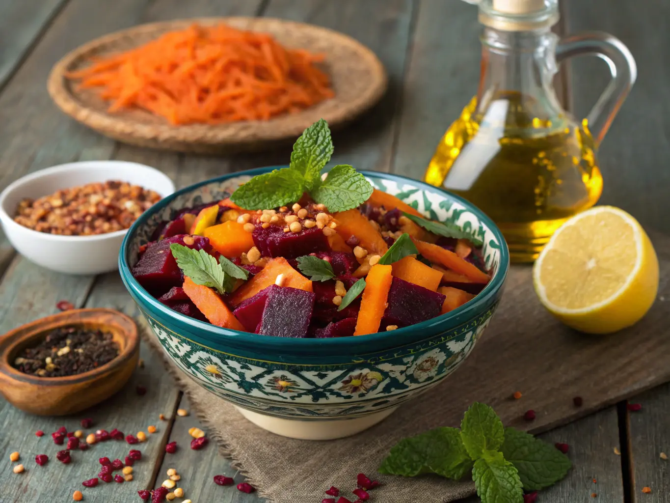 Moroccan Beet & Carrot Salad: A Healing Detox Feast 6 “A colorful Moroccan salad featuring grated beets, carrots, and orange segments, garnished with fresh mint, displayed in a rustic bowl on a wooden table alongside spices and argan oil.”