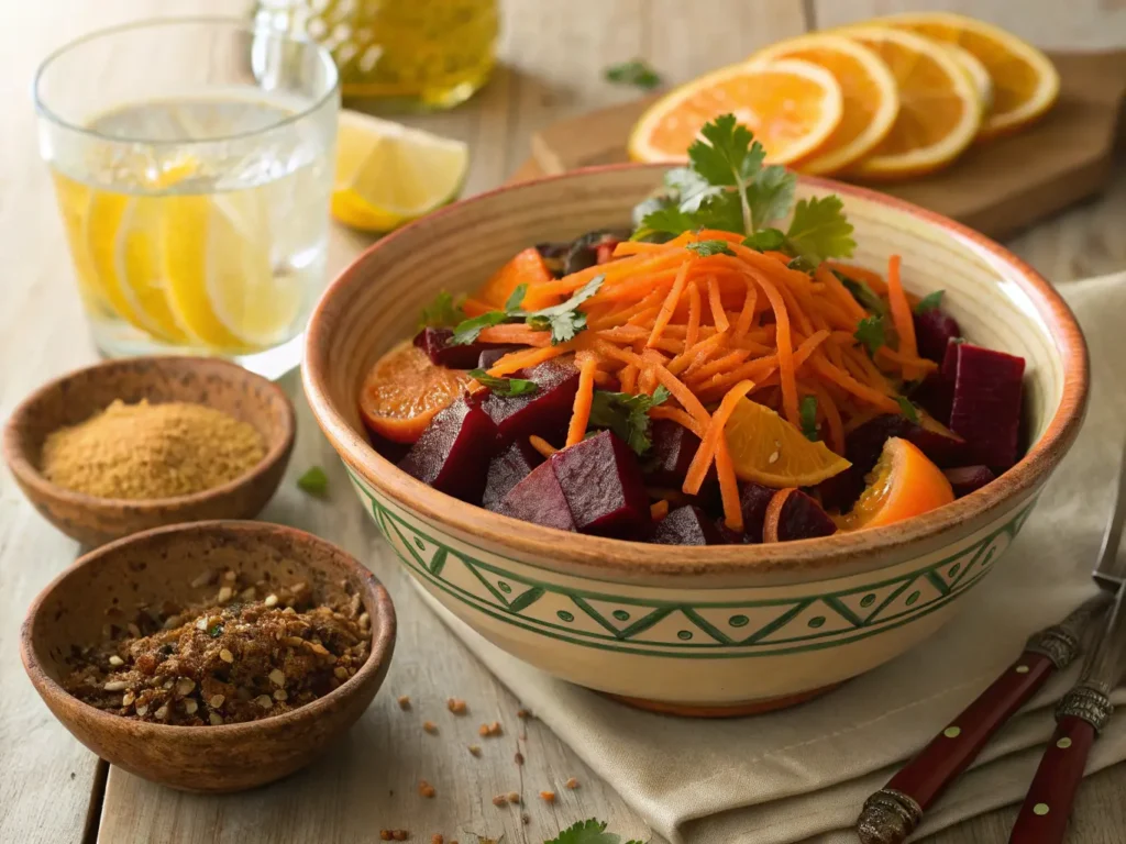 Moroccan Beet & Carrot Salad: A Healing Detox Feast 7 A vibrant Moroccan detox salad with shredded beets, carrots, and oranges, garnished with mint, surrounded by spices and a refreshing glass of lemon-mint water