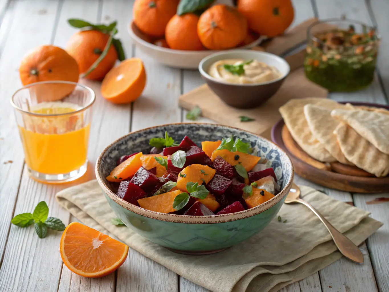 Moroccan Beet & Carrot Salad: A Healing Detox Feast 8 A colorful Moroccan salad with beets, carrots, and oranges, served alongside mint tea, flatbread, and hummus on a rustic wooden table.”