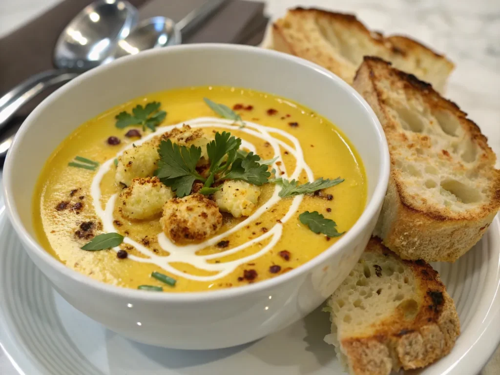 Spiced Cauliflower Soup with Lentils: A Protein-Packed Comfort Food 6 A bowl of spiced cauliflower soup with coconut milk and herbs.