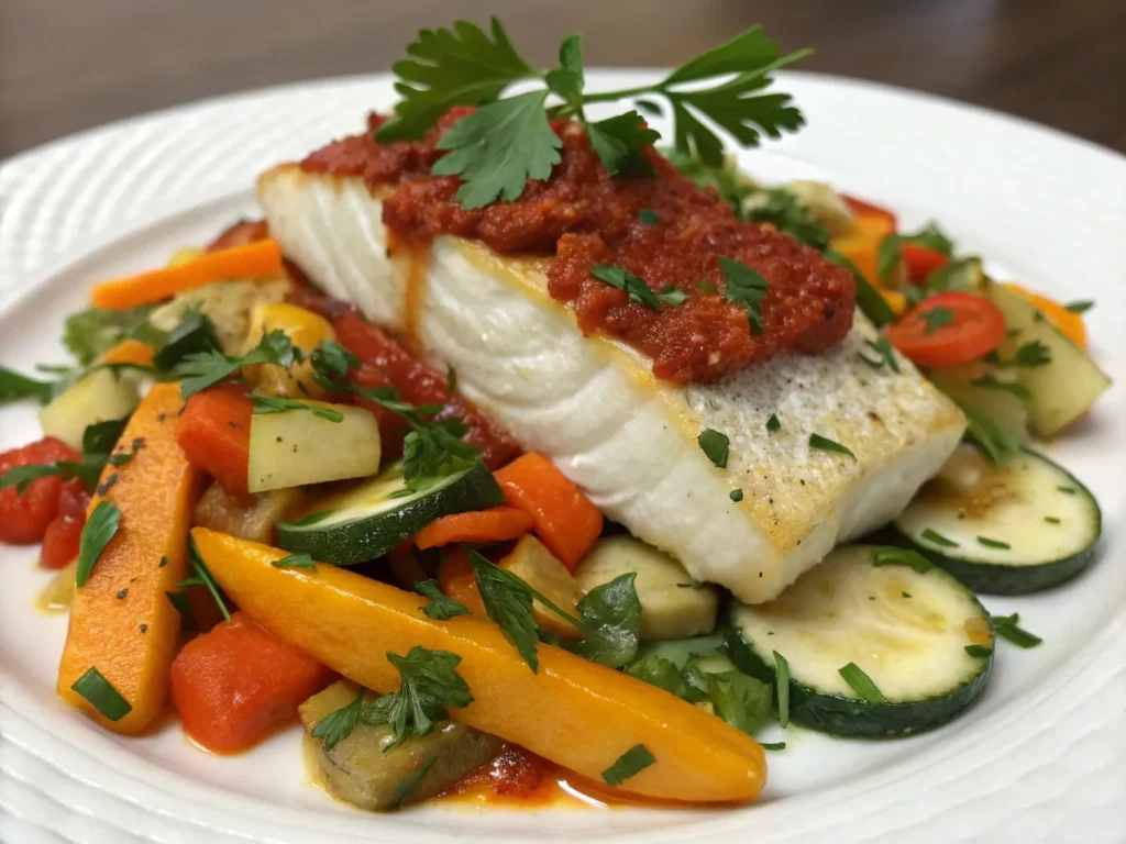 Zesty Baked Cod with Harissa & Roasted Vegetables Recipe 4 a beautifully plated dish featuring the baked cod www.moroccaneats.com