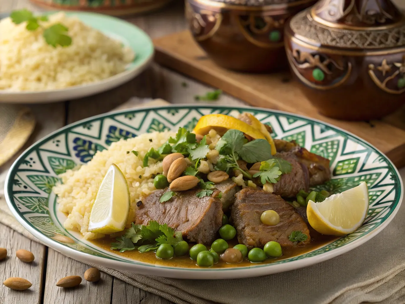 Lamb with Artichoke and Pea Tagine: 7 Secrets for Perfect Flavor 6 A beautifully garnished Lamb with Artichoke and Pea Tagine, with cilantro, preserved lemon, and almonds, served with couscous and a rustic Moroccan setting.