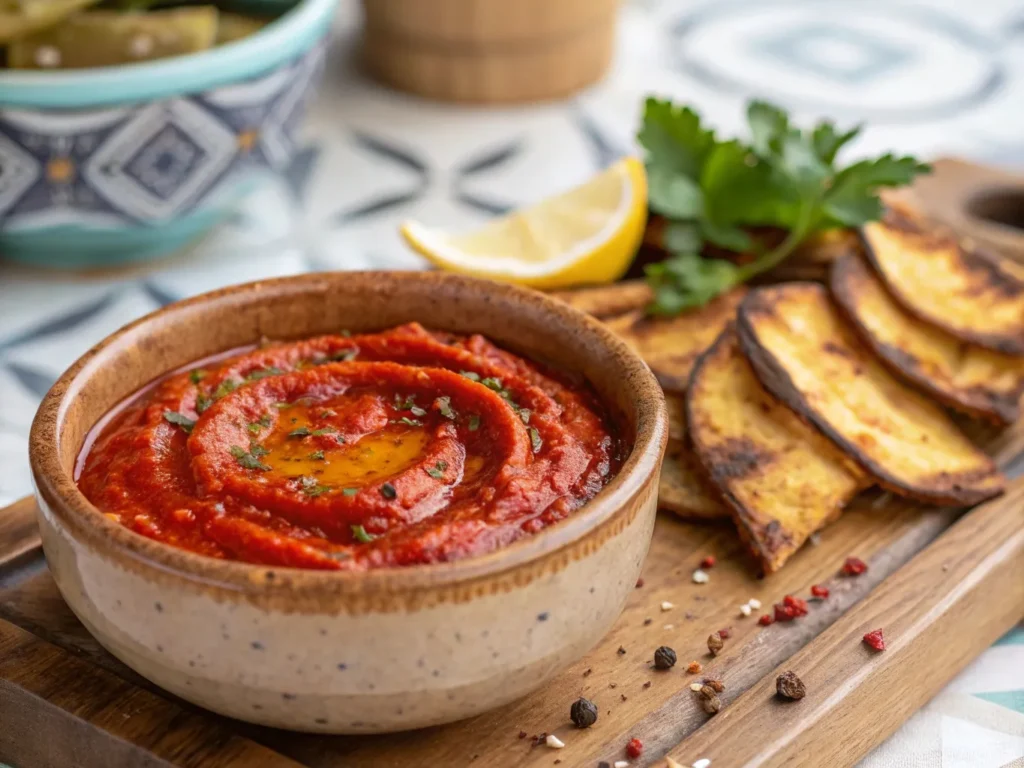 Mouthwatering Moroccan Eggplant Chips – So Crunchy! 6 A bowl of spicy harissa sauce with crispy Moroccan eggplant chips on a wooden platter.