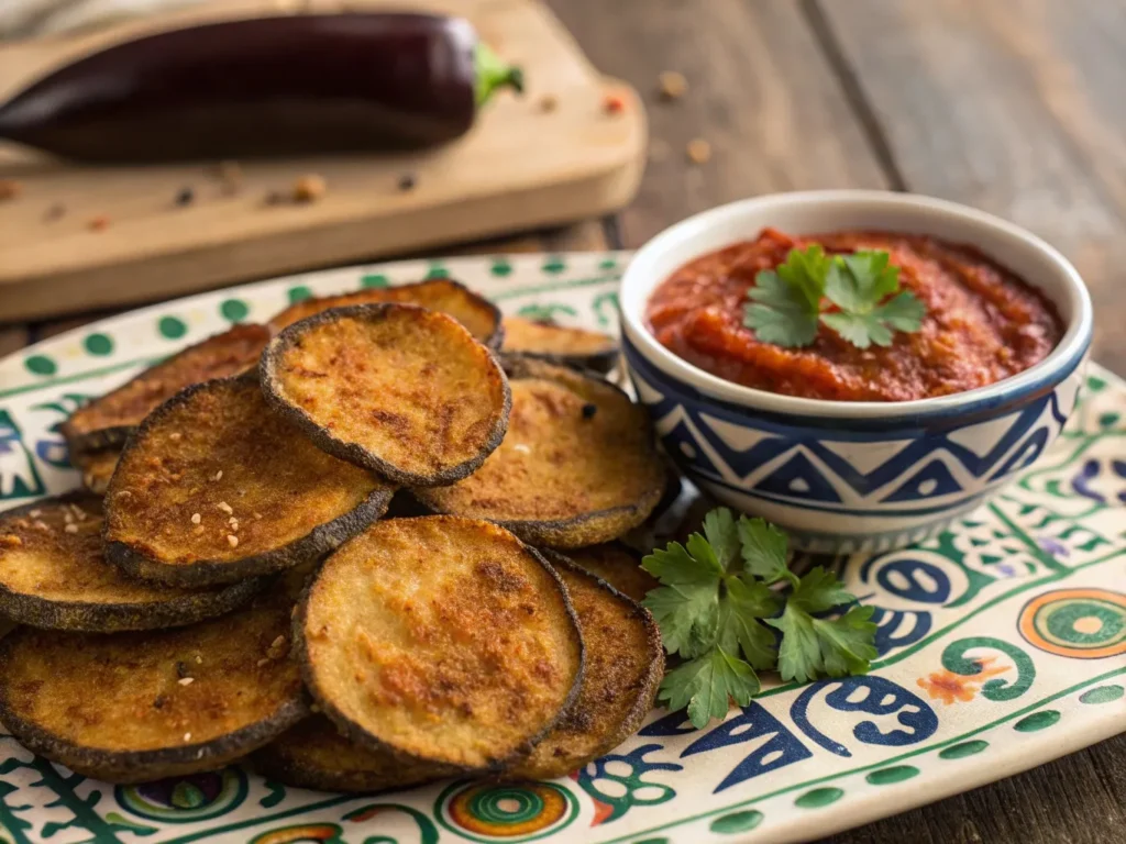 Mouthwatering Moroccan Eggplant Chips – So Crunchy! 3 Crispy Moroccan eggplant chips served on a decorative plate with a bowl of spicy harissa sauce.