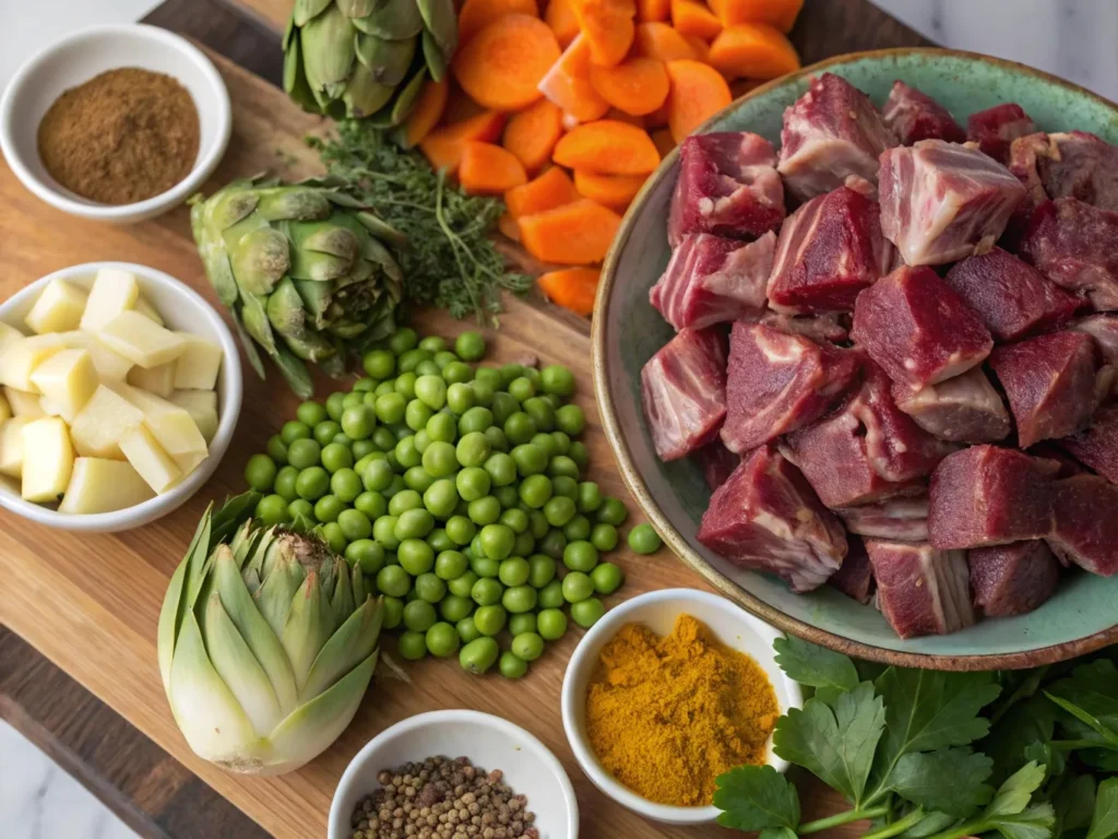 Lamb with Artichoke and Pea Tagine: 7 Secrets for Perfect Flavor 3 Close-up of fresh ingredients for lamb with artichoke and pea tagine, including lamb, artichokes, peas, and spices.