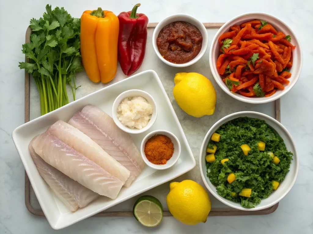 Zesty Baked Cod with Harissa & Roasted Vegetables Recipe 3 Fresh ingredients laid out for the Zesty Baked Cod with Harissa & Roasted Vegetables recipe.