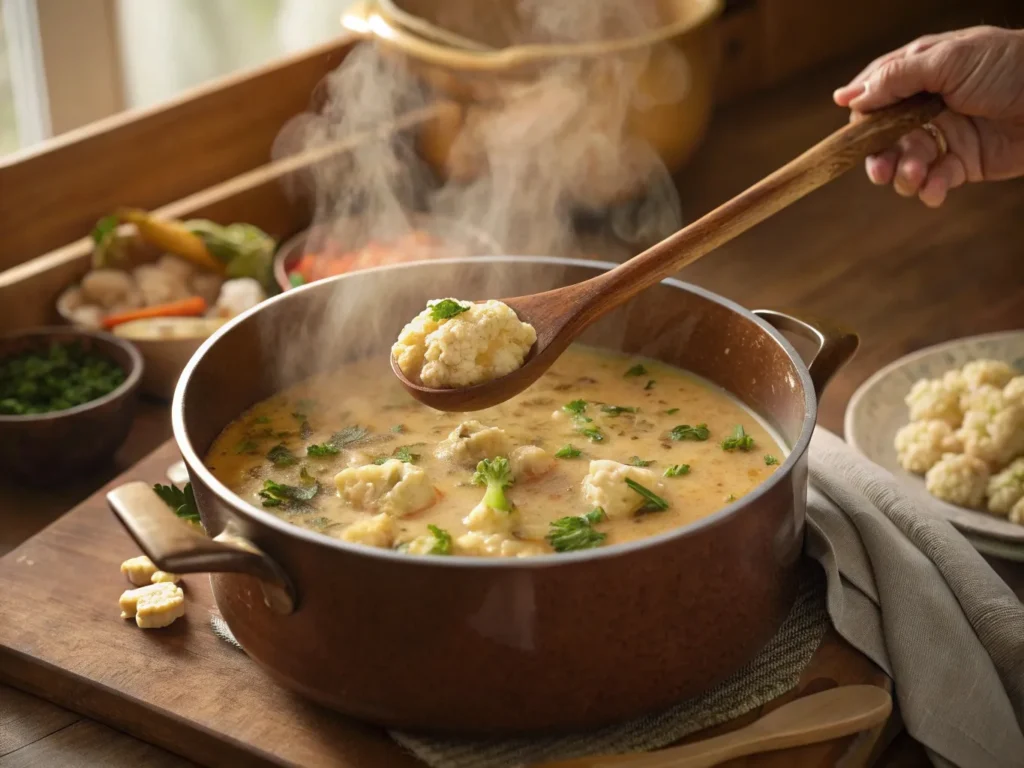 Spiced Cauliflower Soup with Lentils: A Protein-Packed Comfort Food 5 Spiced cauliflower soup being blended in a pot