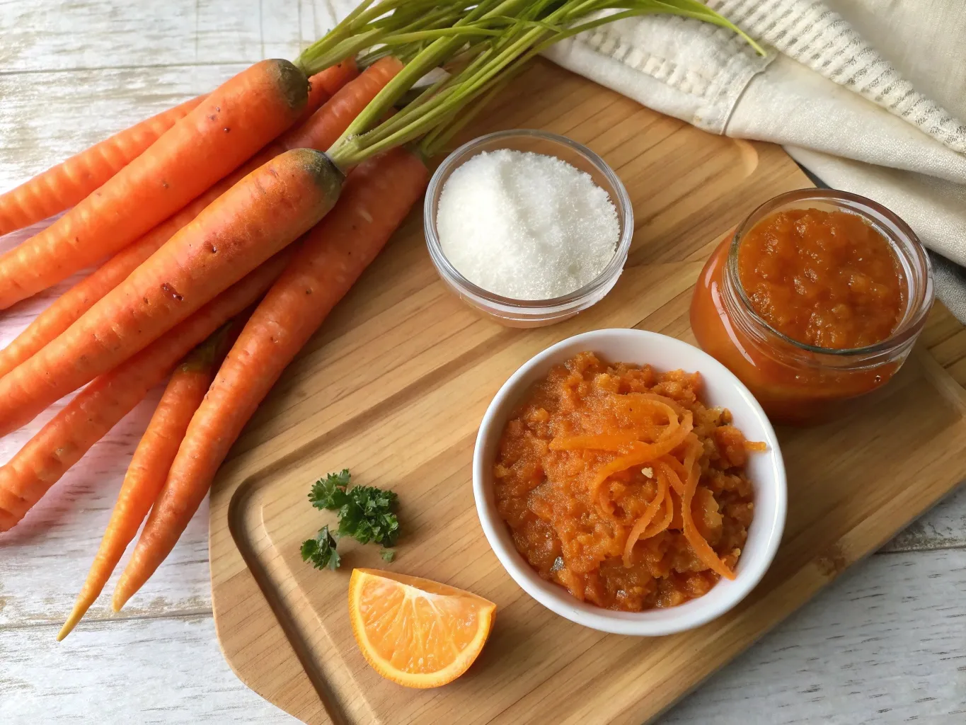 Carrot Jam with Orange Zest Recipe – A Heartwarming Citrus Spread 3 Fresh carrots and orange zest on a cutting board with sugar and lemon juice beside them.
