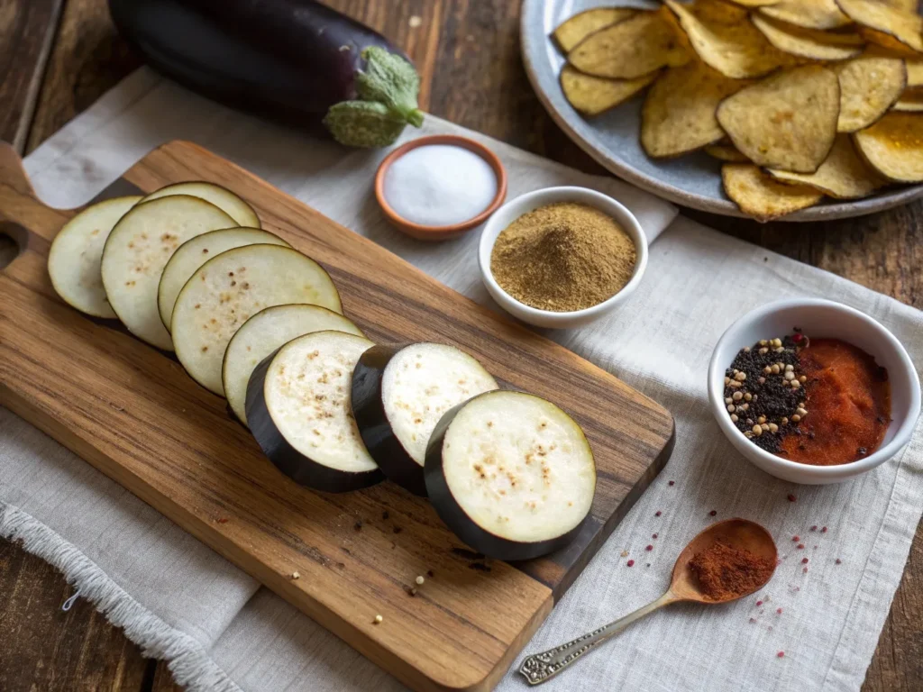 Mouthwatering Moroccan Eggplant Chips – So Crunchy! 4 Sliced eggplant with Moroccan spices and olive oil, ready for frying.