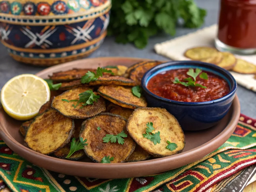 Mouthwatering Moroccan Eggplant Chips – So Crunchy! 5 Crispy Moroccan fried eggplant chips served with spicy harissa dipping sauce and a lemon wedge.
