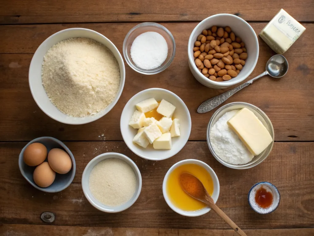 "Ingredients for Sweet Semolina Cake (Basbousa) arranged on a rustic kitchen counter."
