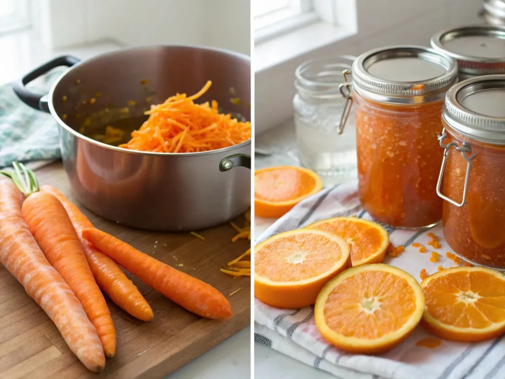 Carrot Jam with Orange Zest Recipe – A Heartwarming Citrus Spread 4 Step-by-step cooking process of carrot jam with orange zest in a saucepan on the stove.