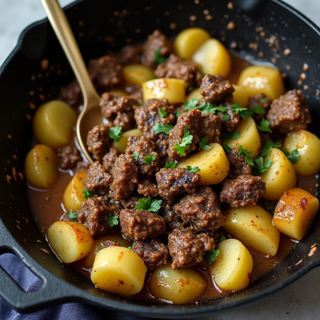 Moroccan Beef and Potato Tagine Recipe Deeply Satisfying 7 A deliciously plated Moroccan beef and potato tagine with fresh herbs and traditional Moroccan bread.