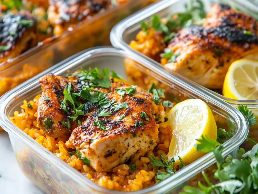 Moroccan Chicken and Rice Casserole: A Tasty Twist on Traditional Comfort Food 9 Meal-prepped Moroccan Chicken and Rice Casserole stored in glass containers.