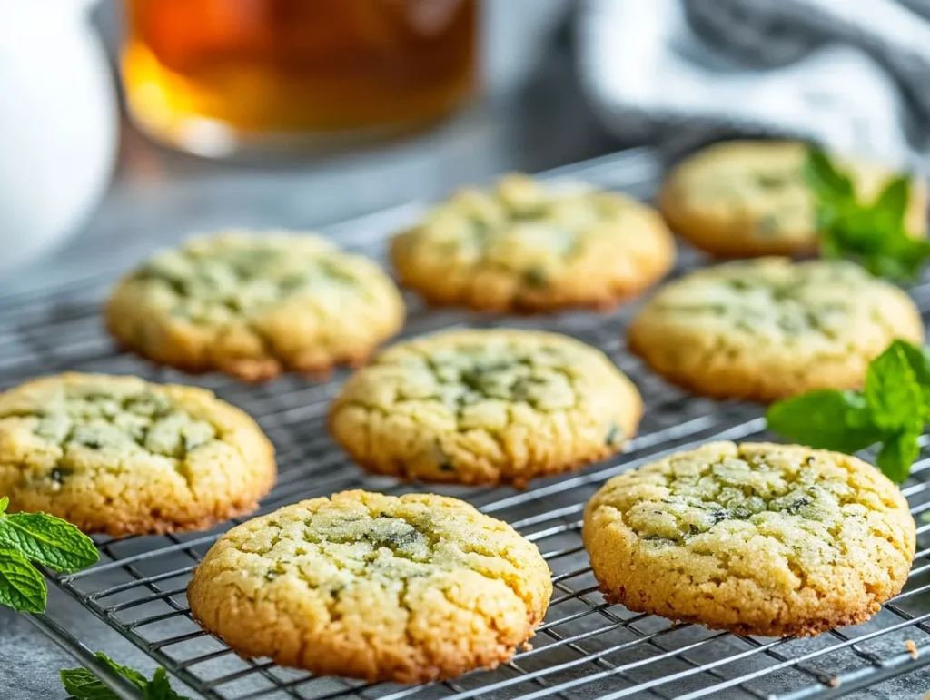 Heavenly Moroccan Mint Cookies Recipe: Crisp, Buttery, & Refreshing 5 "Freshly baked Moroccan mint cookies cooling on a rack with Moroccan tea."