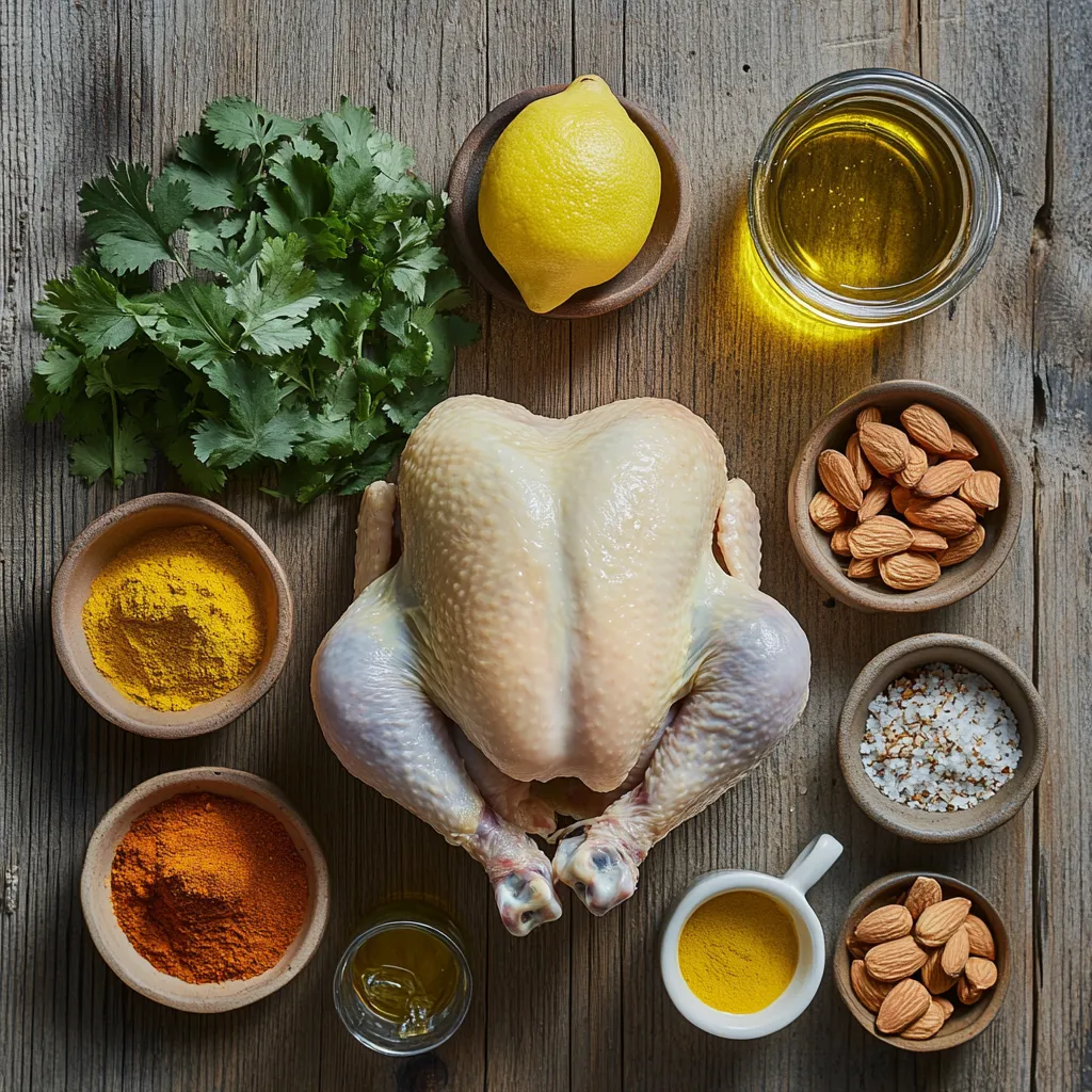 Authentic Moroccan Honey-Glazed Chicken with Almonds-So Addictive! 4 "Flat lay of ingredients for a flavorful chicken dish: a whole 4-5 pound chicken at the center surrounded by small bowls of ground cinnamon, cumin, ginger, and turmeric, a jar of honey, a bottle of olive oil, a zested lemon with its juice, minced garlic, salt, and black pepper. Toasted almonds, chopped cilantro, water in a measuring cup, and saffron threads are also included, all arranged on a rustic wooden surface to create a warm, inviting atmosphere."