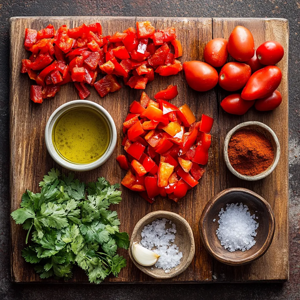 Ingredients for Moroccan Taktouka, including roasted red bell peppers, tomatoes, garlic, olive oil, cumin, paprika, and fresh cilantro, arranged on a wooden surface.