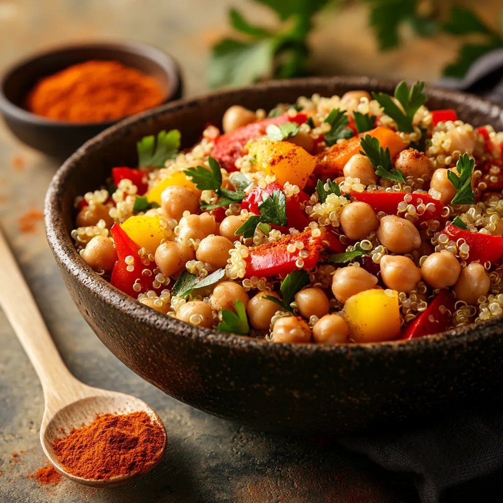 Moroccan-Spiced Quinoa Salad for Guilt-Free Pleasure! 6 A vibrant Moroccan-Spiced Quinoa Salad in a ceramic bowl, featuring quinoa, chickpeas, and colorful veggies, garnished with fresh herbs and Moroccan spices.