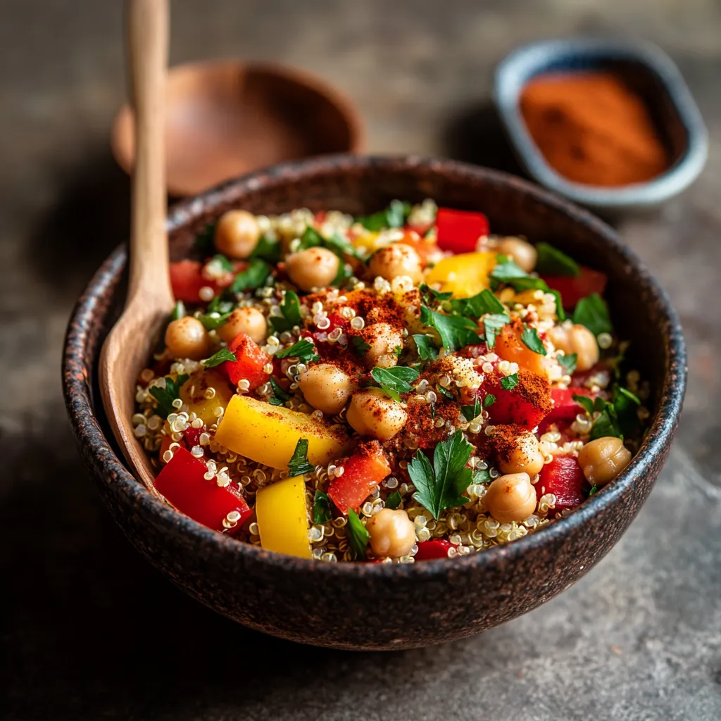 Moroccan-Spiced Quinoa Salad for Guilt-Free Pleasure! 3 A vibrant Moroccan-Spiced Quinoa Salad in a rustic bowl, featuring quinoa, chickpeas, and fresh vegetables, garnished with Moroccan spices and herbs.