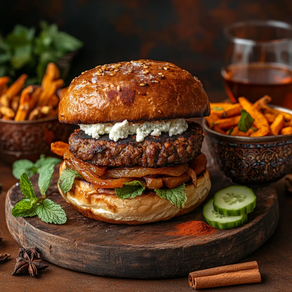 Spiced Moroccan Burger with Exotic Herbs & Spices: A Game Changer 6 A plated Moroccan burger with caramelized onions, feta, and harissa aioli, served alongside Moroccan-spiced sweet potato fries, cucumber salad, and a glass of mint tea on a rustic wooden board.