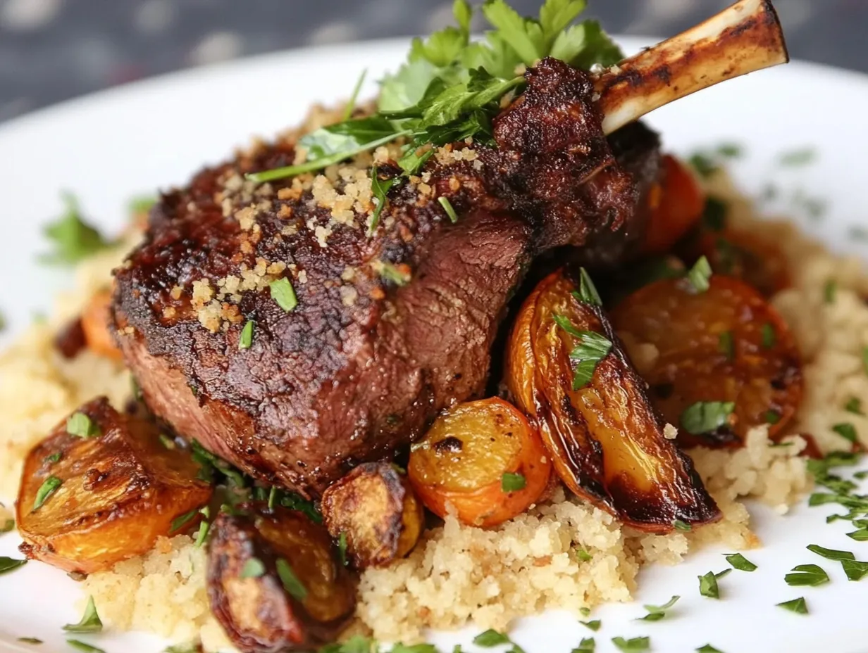 Flavor-Packed Moroccan Lamb Roast with Garlic & Herbs 9 A full Moroccan lamb roast meal with couscous, roasted vegetables, and mint yogurt sauce.